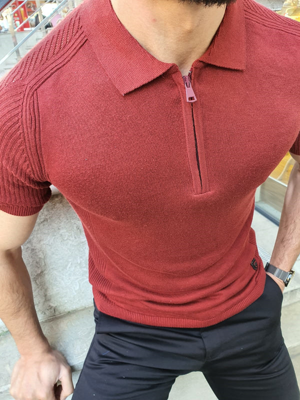 Rawlins Claret Red Slim Fit Collar Neck Zipper Knitwear T-Shirt-baagr.myshopify.com-T-shirt-BOJONI