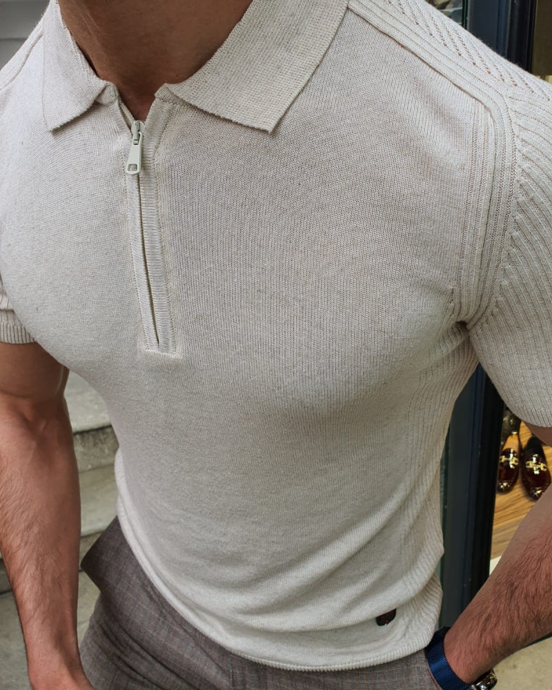 Natisk White Slim Fit Collar Neck Zipper Knitwear T-Shirt-baagr.myshopify.com-T-shirt-BOJONI