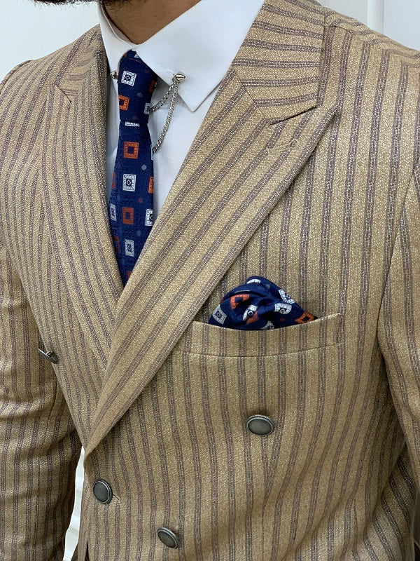 Varteni  Brown Slim Fit Peak Lapel Double Breasted Striped Suit-baagr.myshopify.com-1-BOJONI