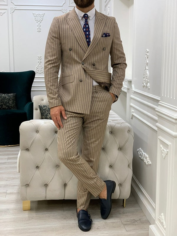 Varteni  Brown Slim Fit Peak Lapel Double Breasted Striped Suit-baagr.myshopify.com-1-BOJONI