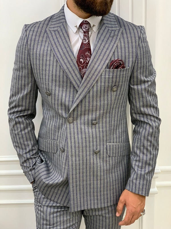 Varteni Navy Blue Slim Fit Peak Lapel Double Breasted Striped Suit-baagr.myshopify.com-1-BOJONI