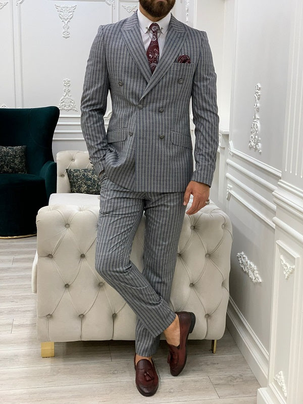 Varteni Navy Blue Slim Fit Peak Lapel Double Breasted Striped Suit-baagr.myshopify.com-1-BOJONI