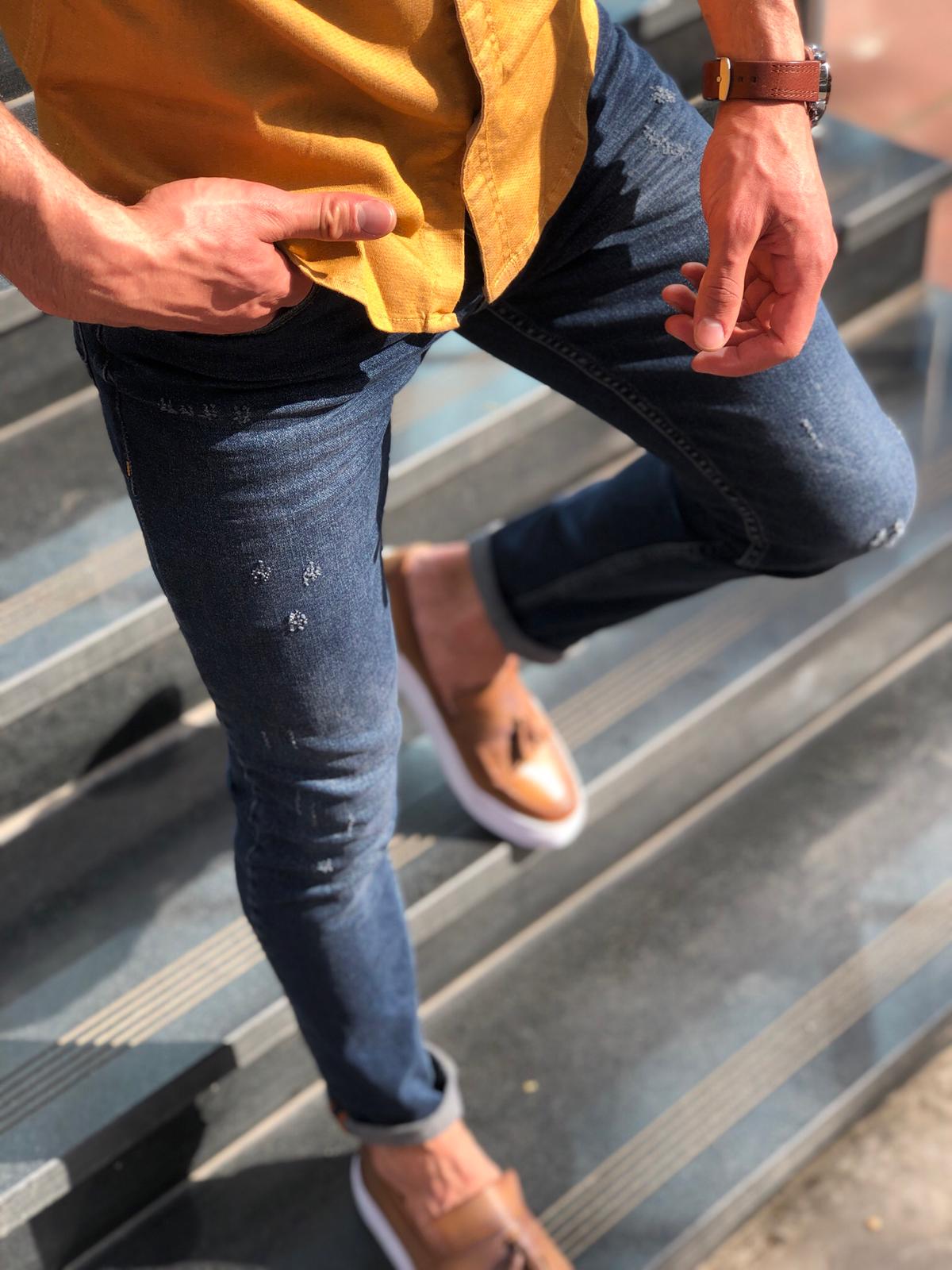 Slim-Fit Ripped Jeans Navy Blue-baagr.myshopify.com-Pants-BOJONI