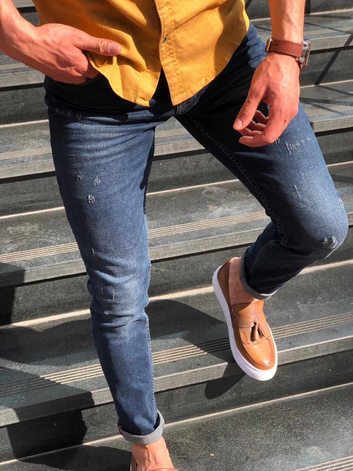 Slim-Fit Ripped Jeans Navy Blue-baagr.myshopify.com-Pants-BOJONI