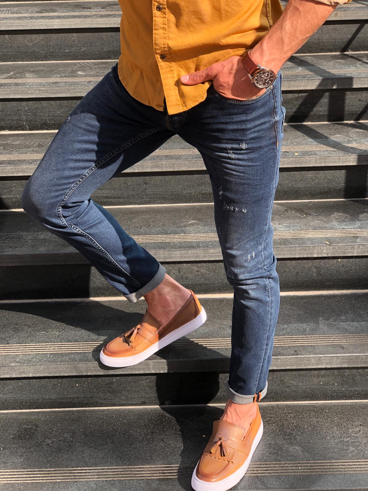 Slim-Fit Ripped Jeans Navy Blue-baagr.myshopify.com-Pants-BOJONI