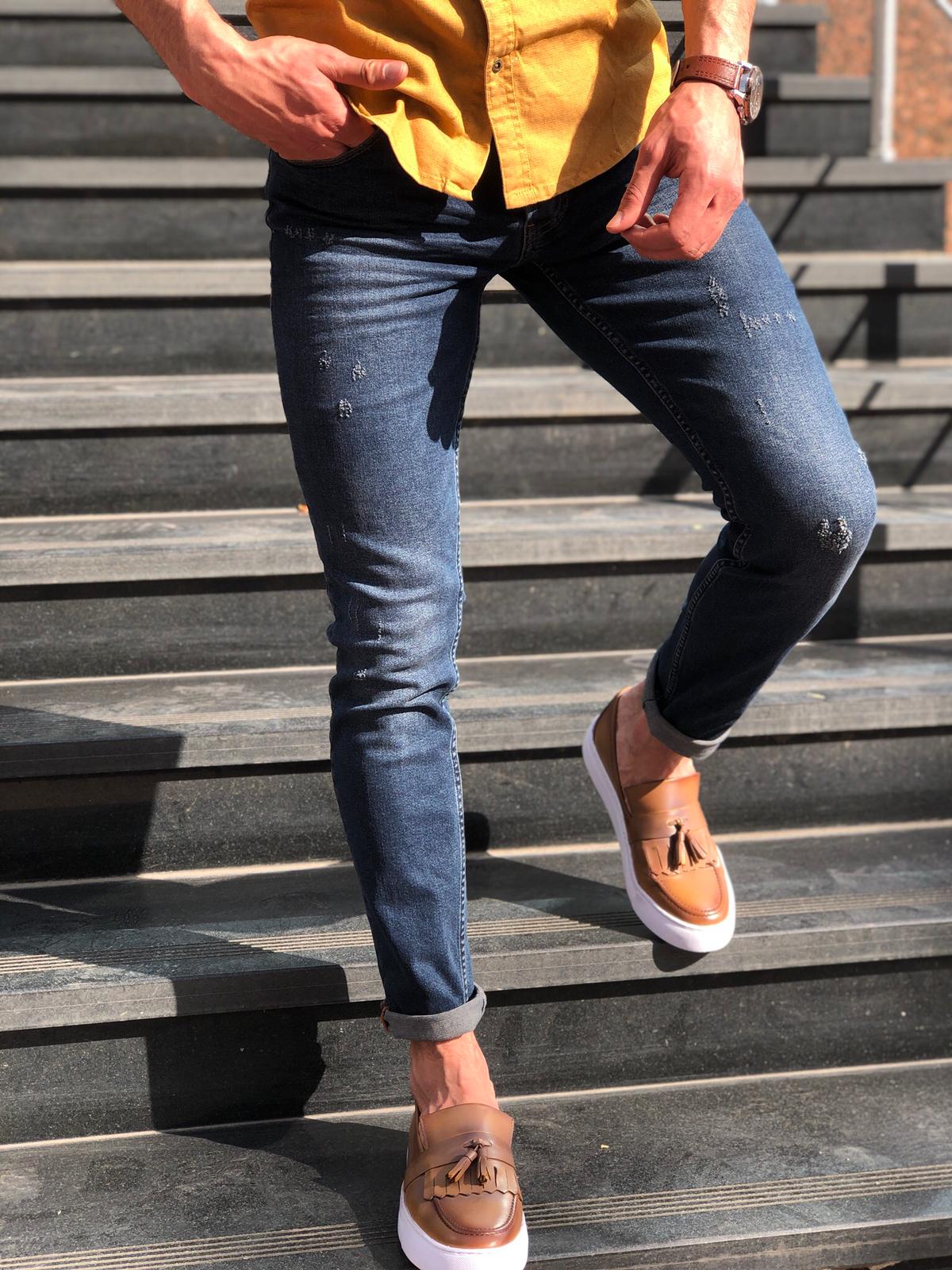 Slim-Fit Ripped Jeans Navy Blue-baagr.myshopify.com-Pants-BOJONI