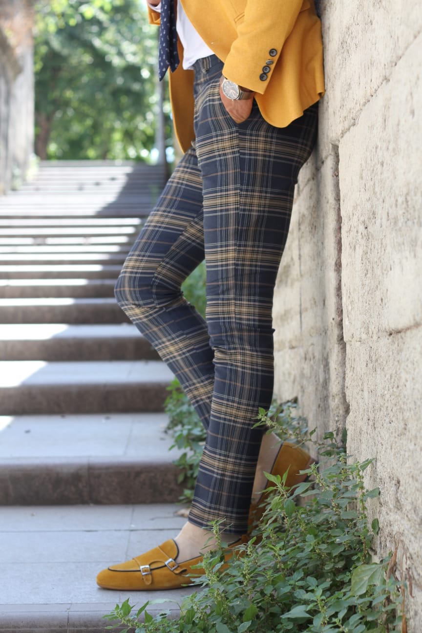 Pac Slim-Fit Plaid Pants in Blue-baagr.myshopify.com-Pants-BOJONI