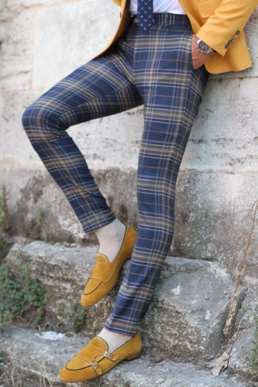 Pac Slim-Fit Plaid Pants in Blue-baagr.myshopify.com-Pants-BOJONI