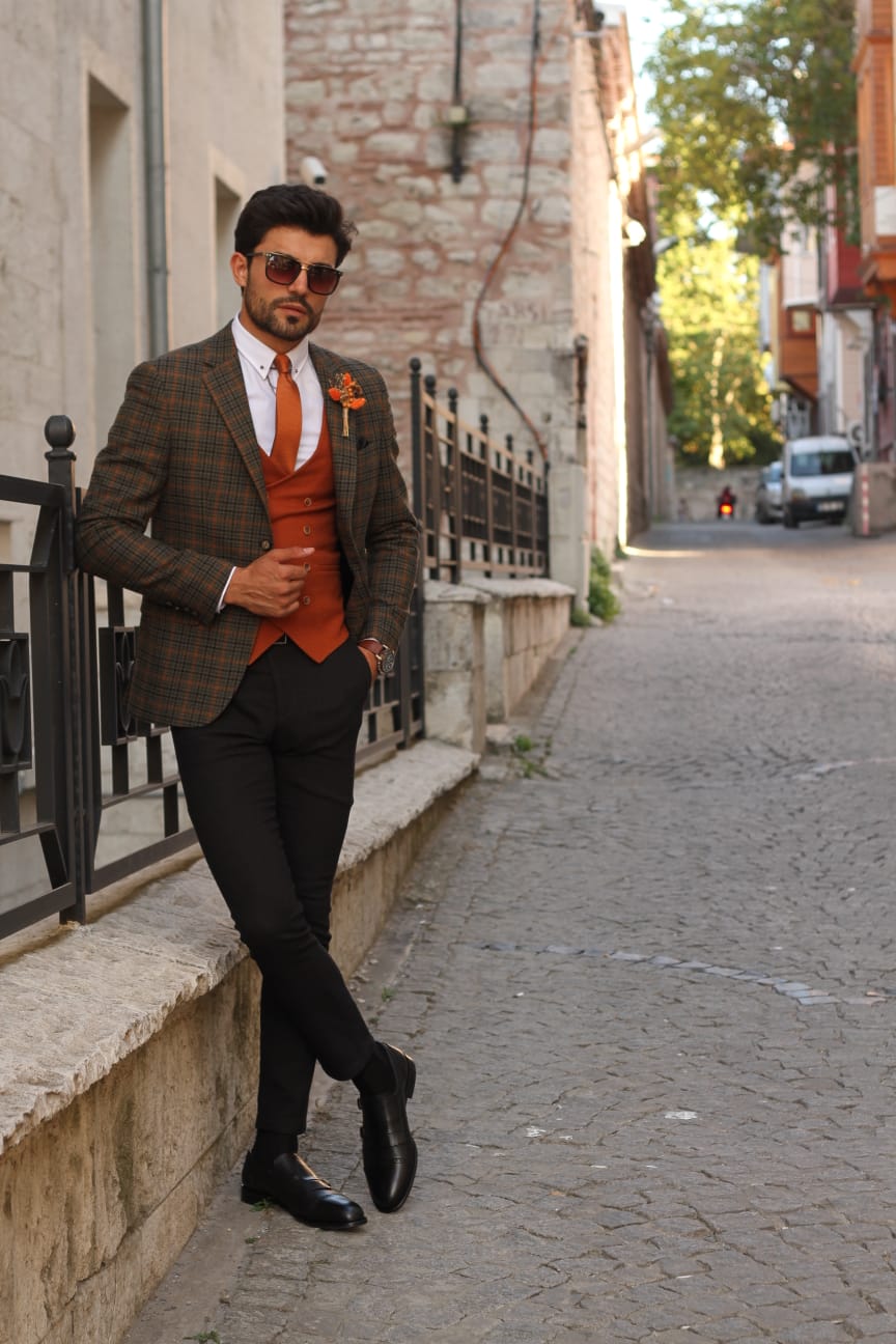 Bando Slim-Fit Wool Plaid Jacket Khaki-baagr.myshopify.com-blazers-BOJONI