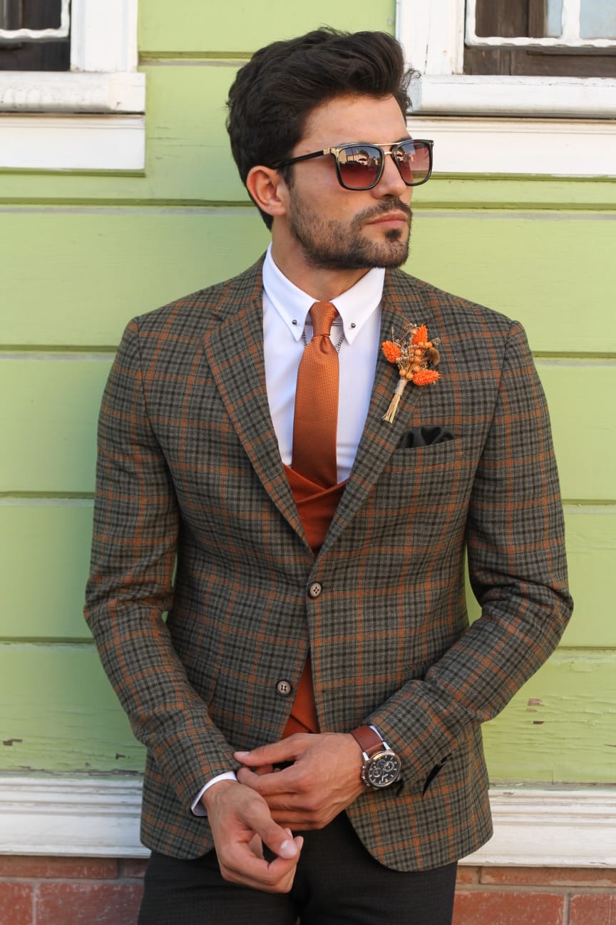 Bando Slim-Fit Wool Plaid Jacket Khaki-baagr.myshopify.com-blazers-BOJONI