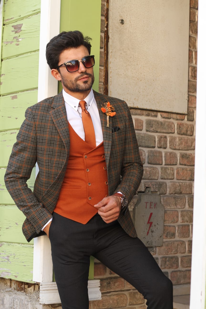 Bando Slim-Fit Wool Plaid Jacket Khaki-baagr.myshopify.com-blazers-BOJONI