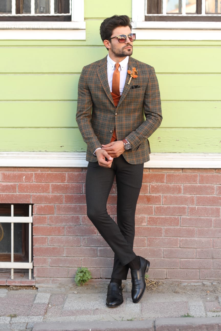 Bando Slim-Fit Wool Plaid Jacket Khaki-baagr.myshopify.com-blazers-BOJONI