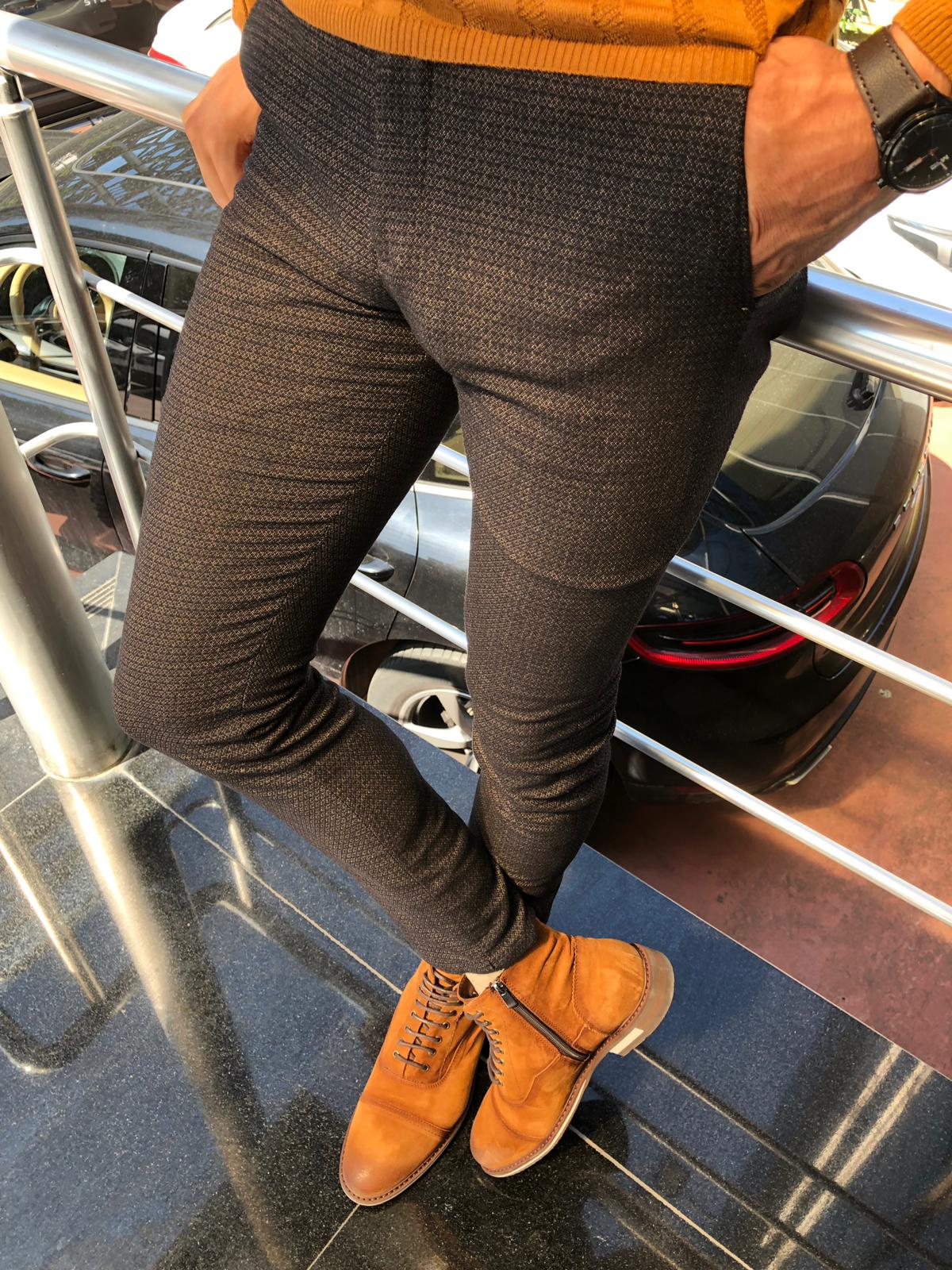 Malacan Slim-fit Patterned Pants Camel-baagr.myshopify.com-Pants-BOJONI