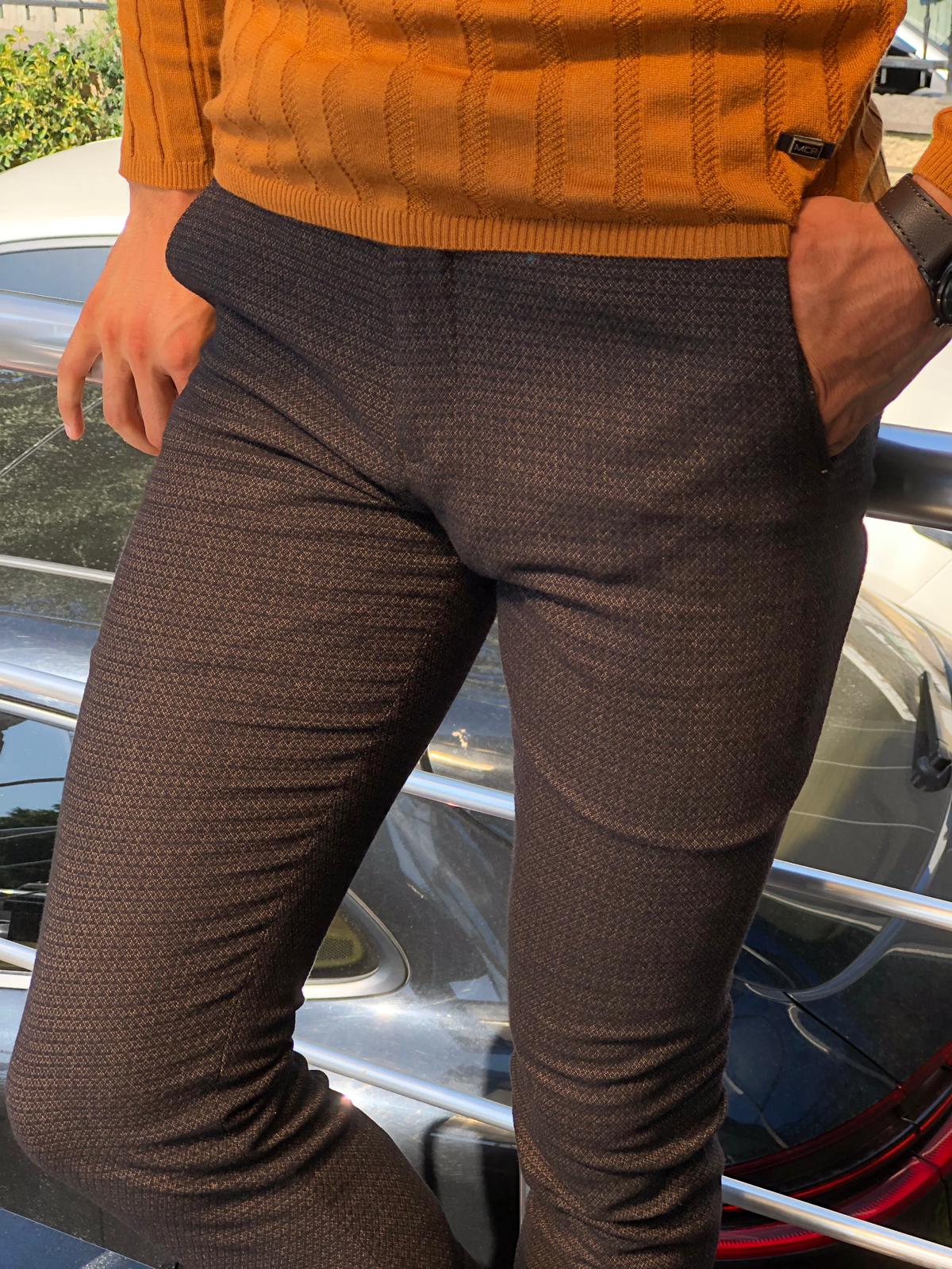 Malacan Slim-fit Patterned Pants Camel-baagr.myshopify.com-Pants-BOJONI