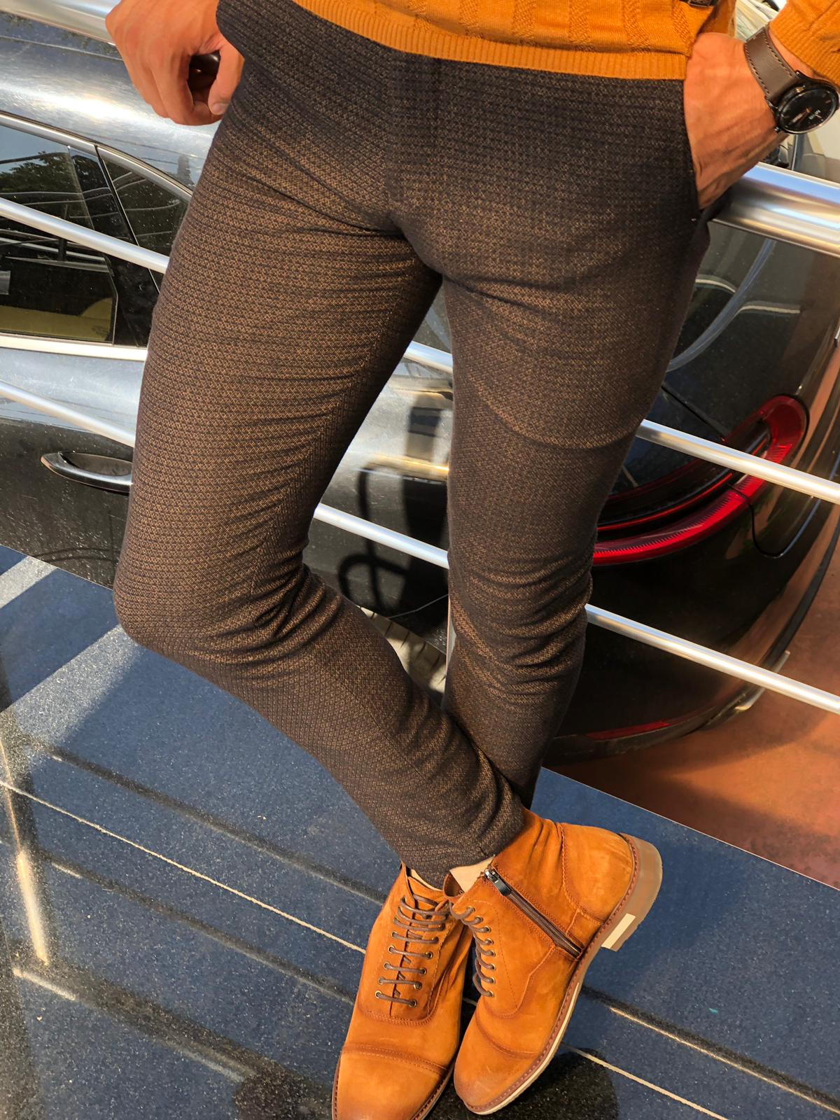 Malacan Slim-fit Patterned Pants Camel-baagr.myshopify.com-Pants-BOJONI