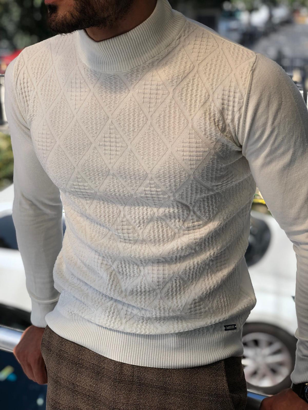 Slim-Fit Patterned Turtleneck Knitwear Ecru-baagr.myshopify.com-sweatshirts-BOJONI