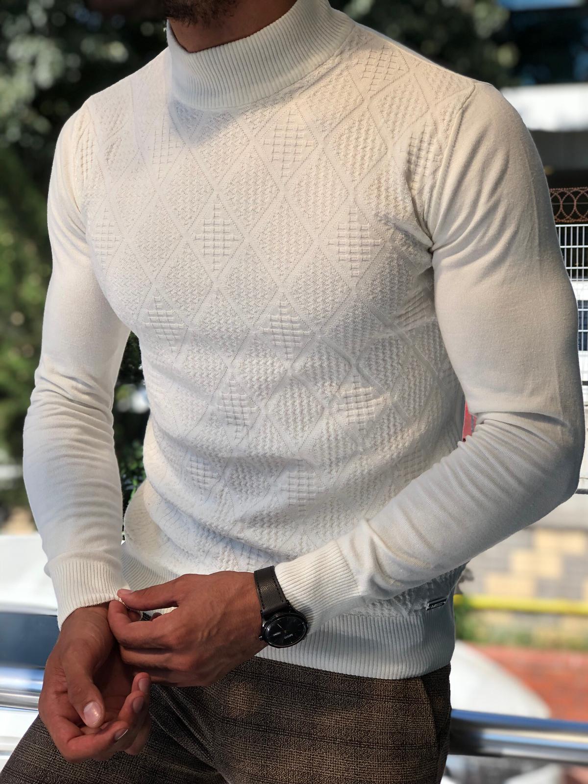 Slim-Fit Patterned Turtleneck Knitwear Ecru-baagr.myshopify.com-sweatshirts-BOJONI