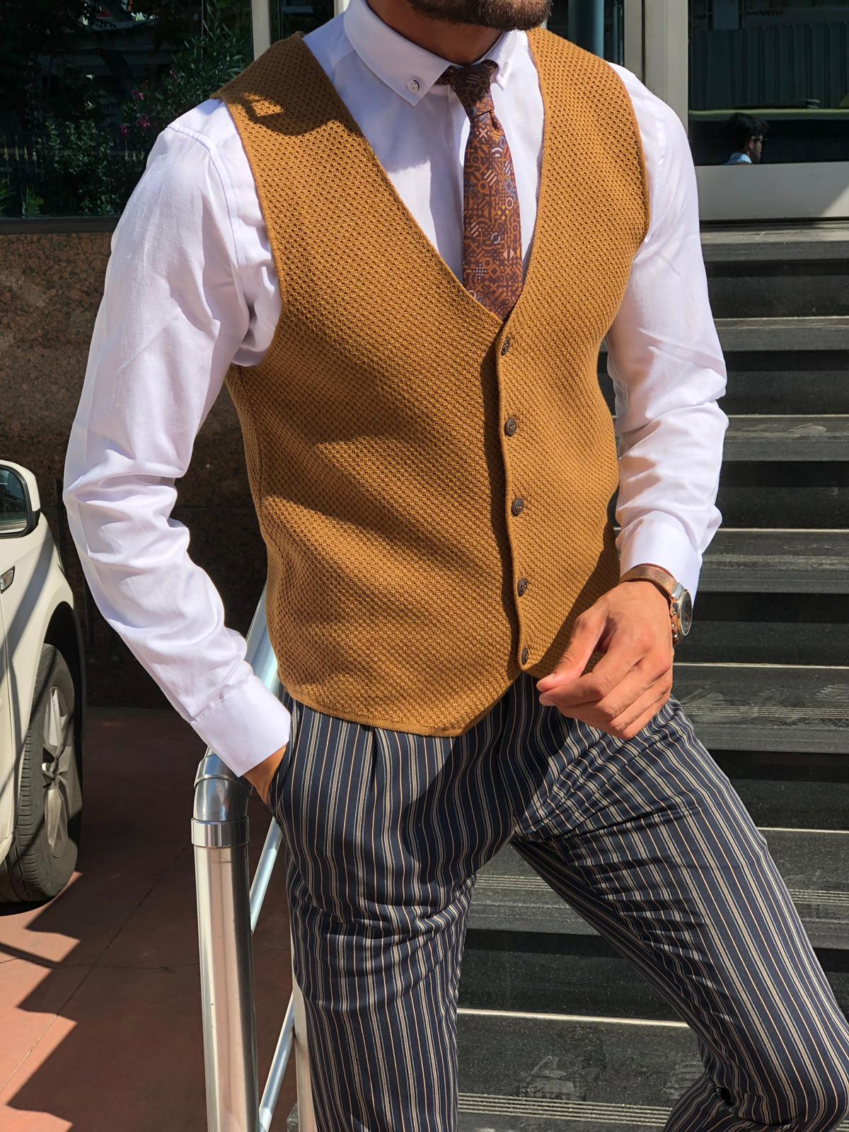 Slim-Fit Patterned Knitwear Vest Tobacco-baagr.myshopify.com-suit-BOJONI