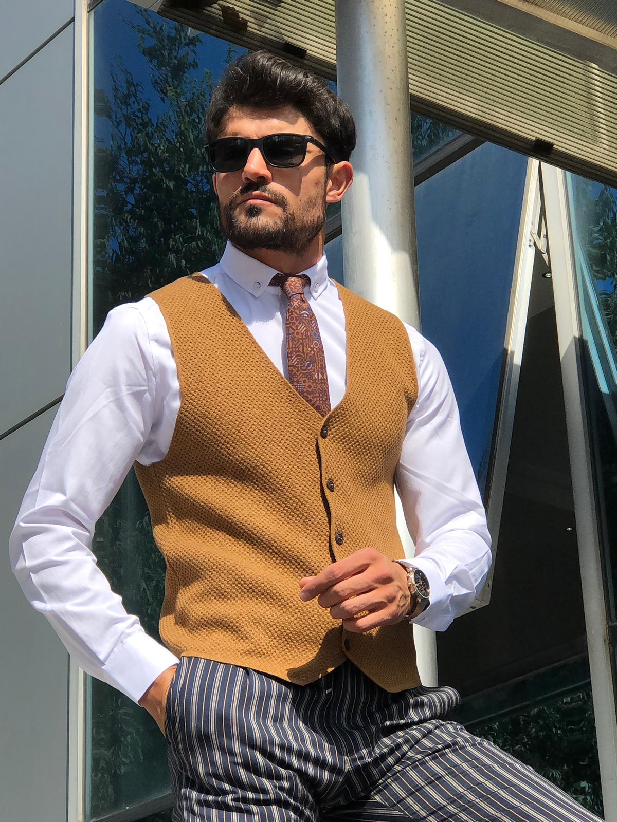 Slim-Fit Patterned Knitwear Vest Tobacco-baagr.myshopify.com-suit-BOJONI