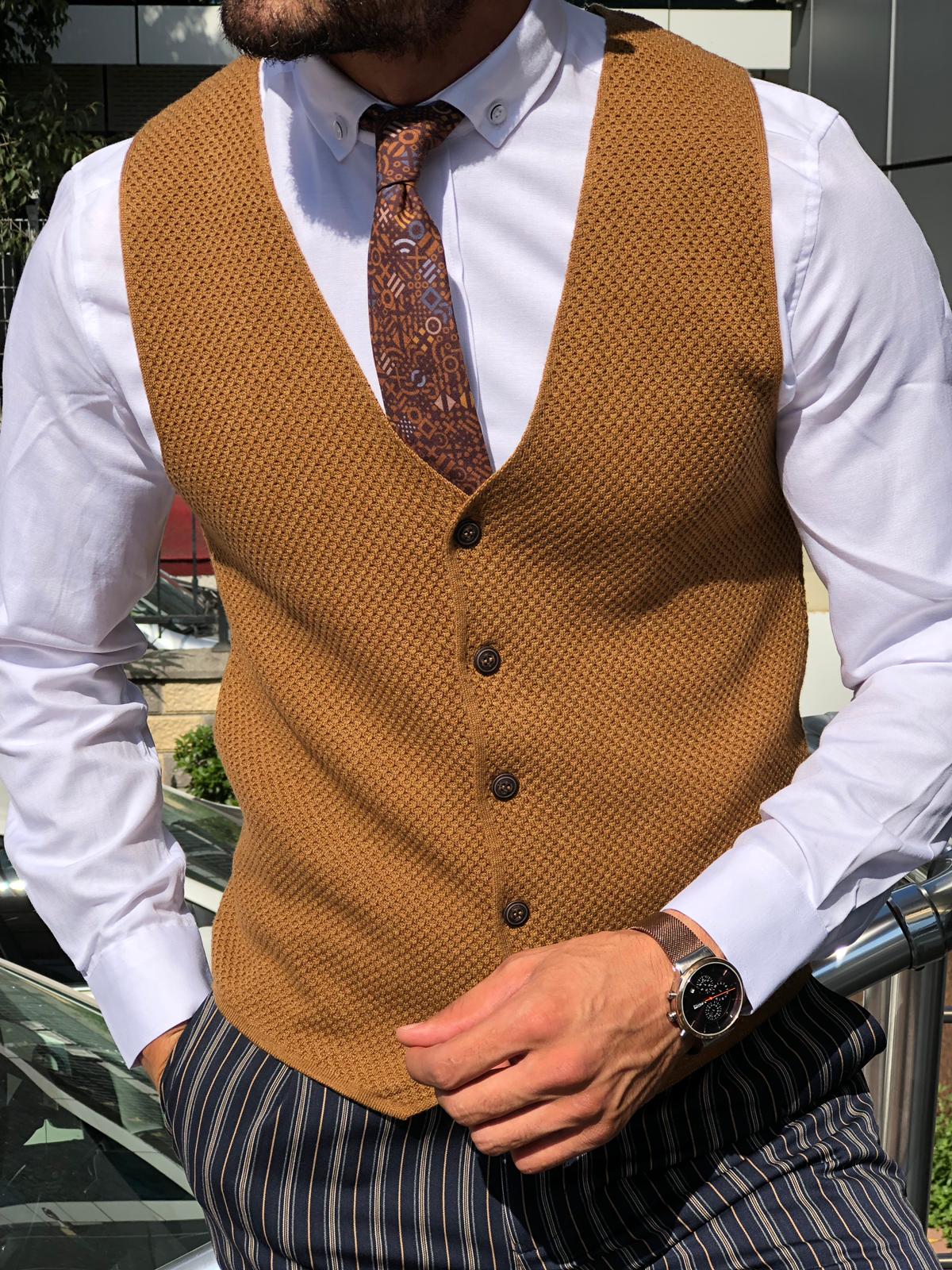 Slim-Fit Patterned Knitwear Vest Tobacco-baagr.myshopify.com-suit-BOJONI