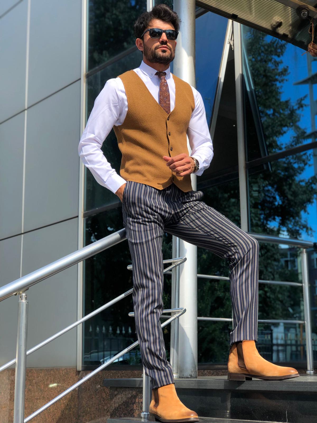 Slim-Fit Patterned Knitwear Vest Tobacco-baagr.myshopify.com-suit-BOJONI