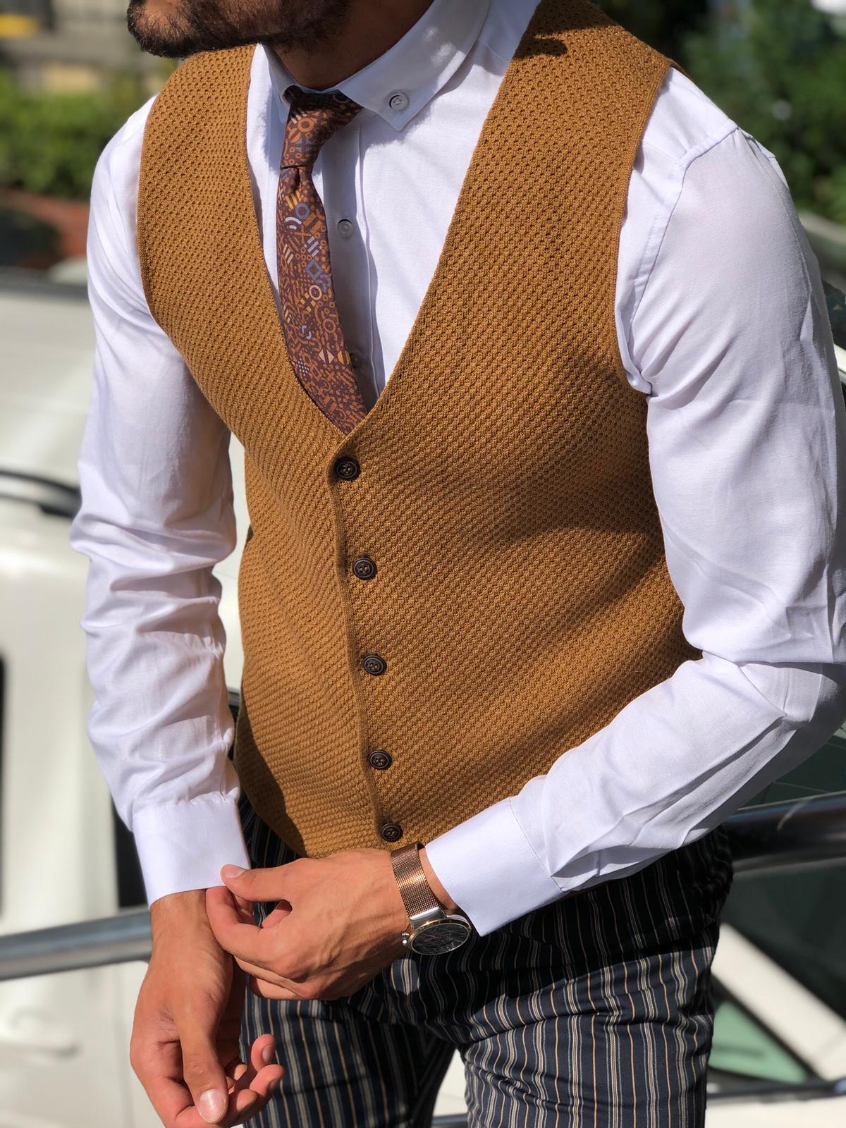 Slim-Fit Patterned Knitwear Vest Tobacco-baagr.myshopify.com-suit-BOJONI