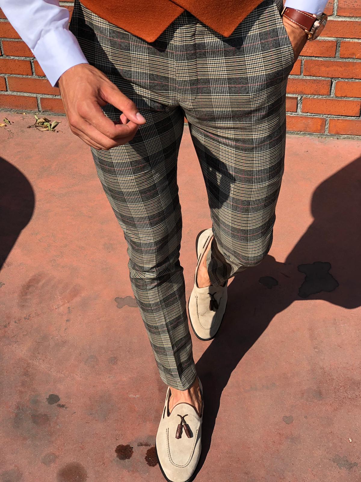 Carlos Slim-fit Plaid Fabric Pants Camel-baagr.myshopify.com-Pants-BOJONI