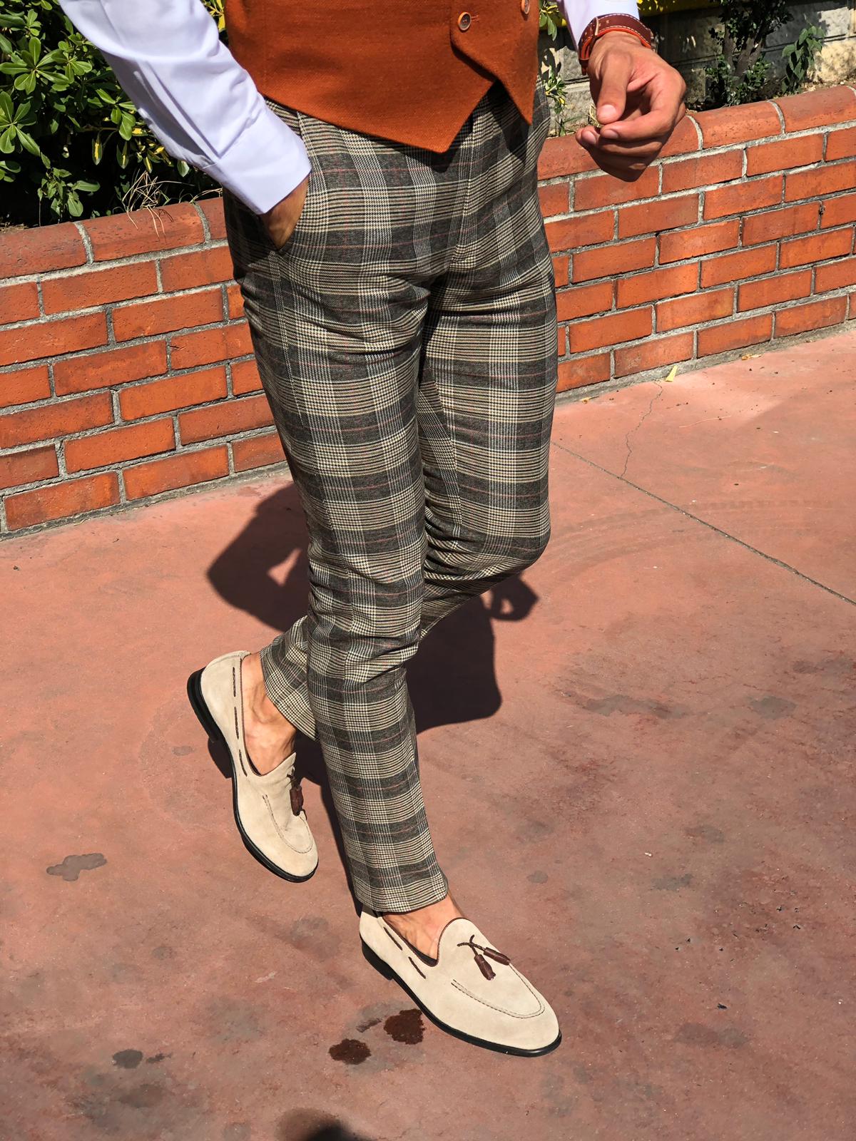 Carlos Slim-fit Plaid Fabric Pants Camel-baagr.myshopify.com-Pants-BOJONI