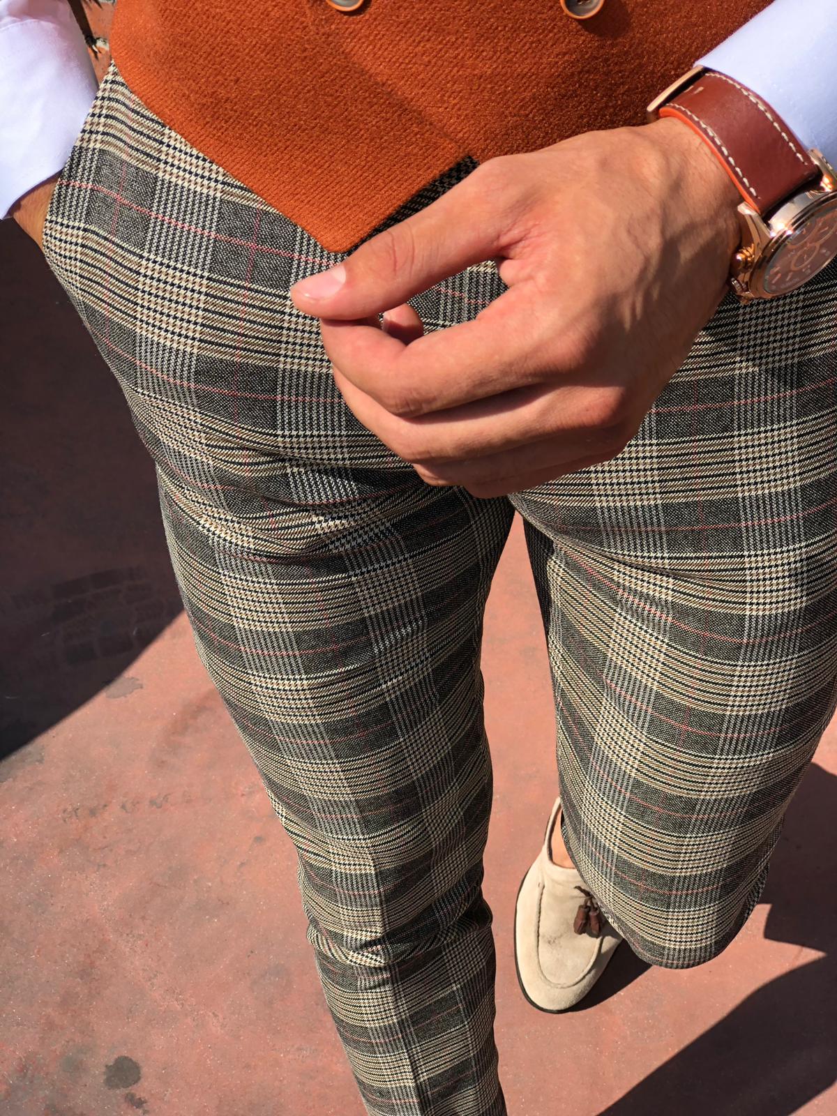 Carlos Slim-fit Plaid Fabric Pants Camel-baagr.myshopify.com-Pants-BOJONI