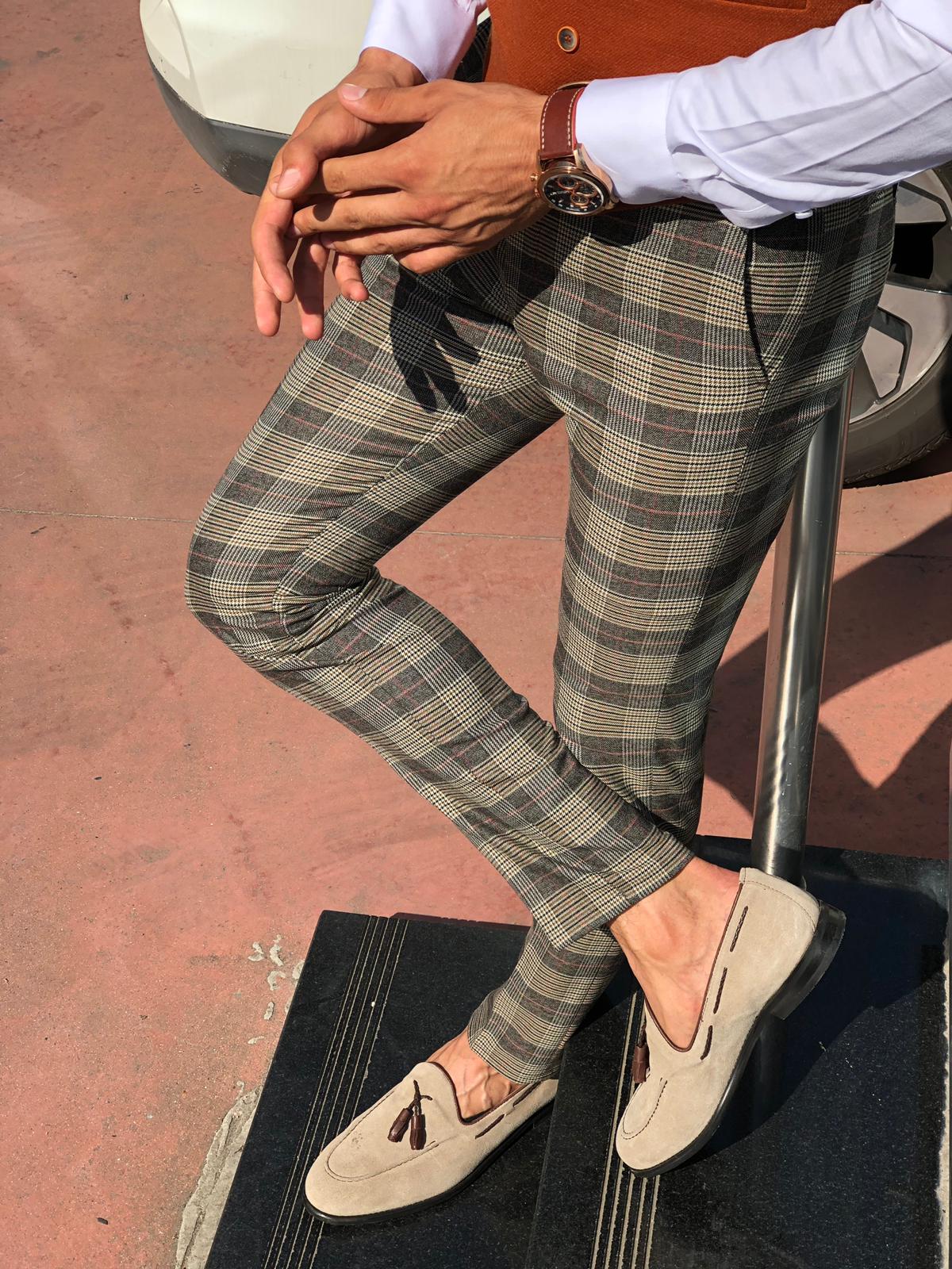 Carlos Slim-fit Plaid Fabric Pants Camel-baagr.myshopify.com-Pants-BOJONI