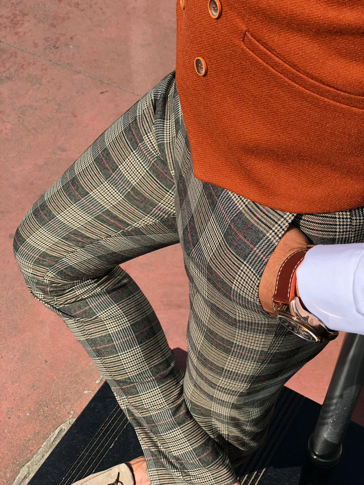 Carlos Slim-fit Plaid Fabric Pants Camel-baagr.myshopify.com-Pants-BOJONI