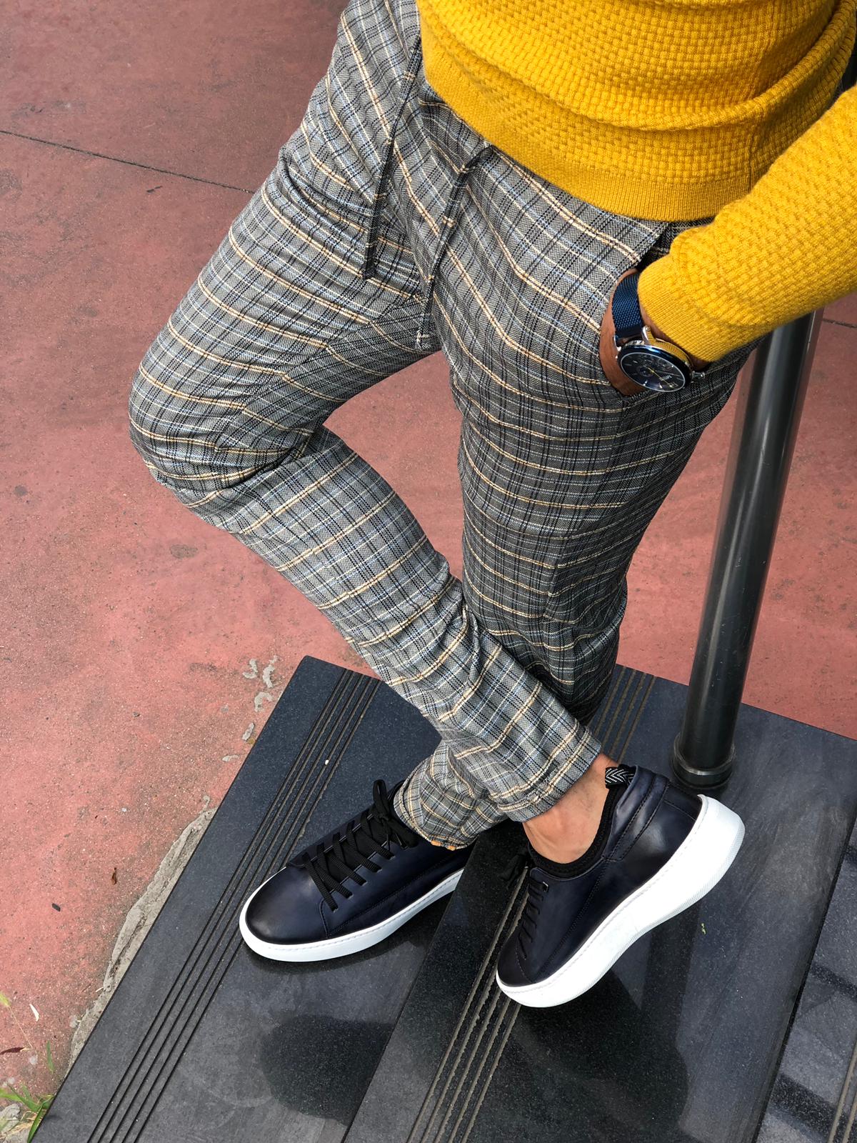 Cris Slim-fit Plaid Pants Grey & Mustard-baagr.myshopify.com-Pants-BOJONI