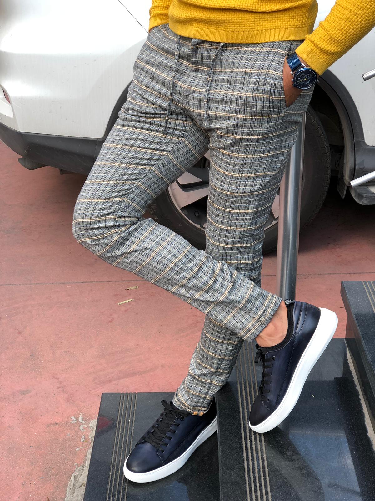 Cris Slim-fit Plaid Pants Grey & Mustard-baagr.myshopify.com-Pants-BOJONI