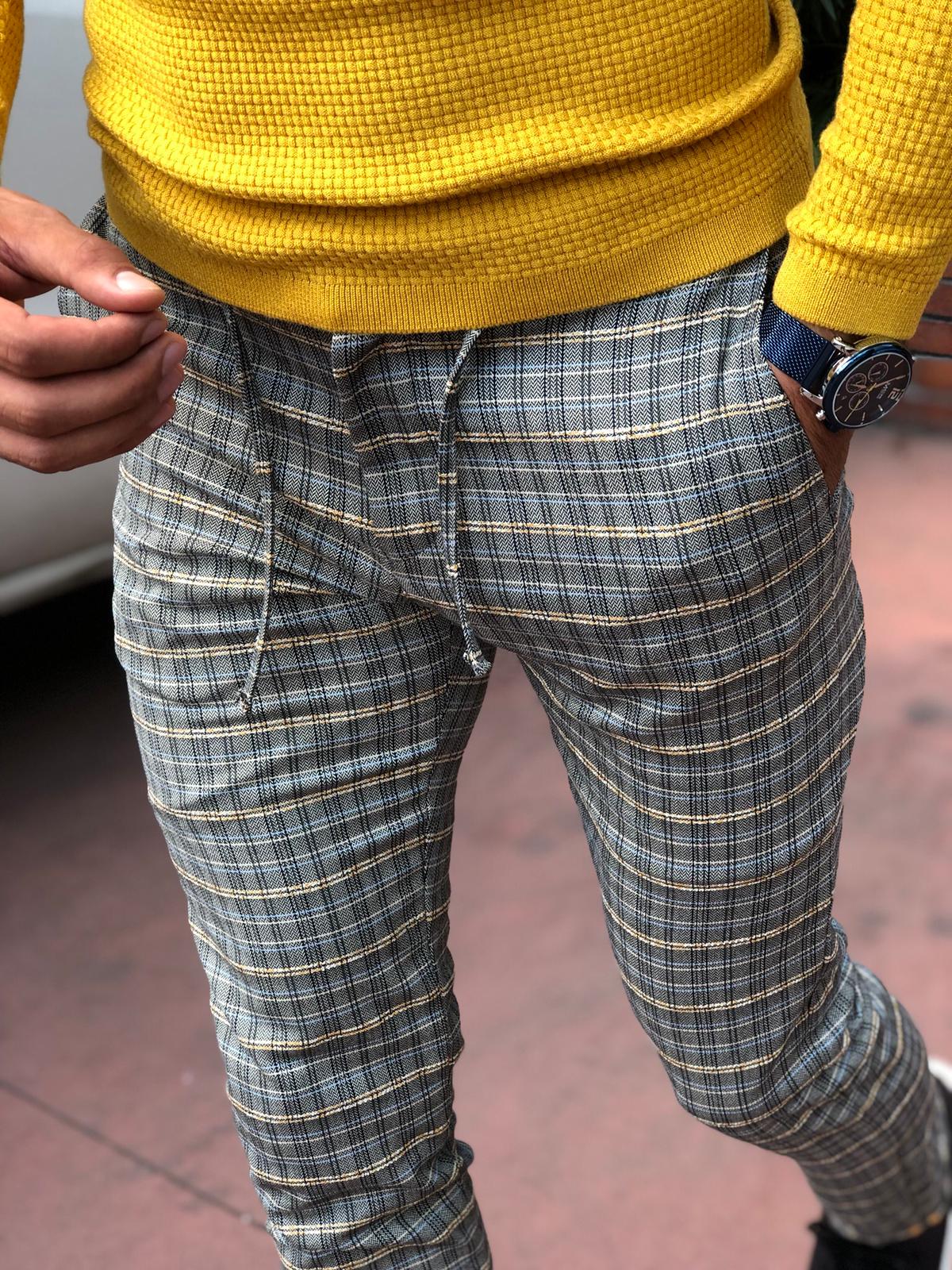 Cris Slim-fit Plaid Pants Grey & Mustard-baagr.myshopify.com-Pants-BOJONI