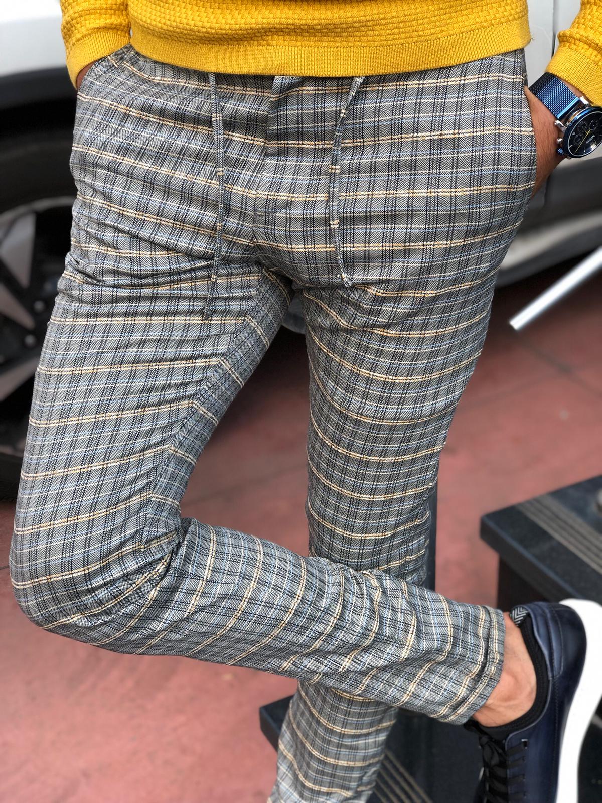 Cris Slim-fit Plaid Pants Grey & Mustard-baagr.myshopify.com-Pants-BOJONI