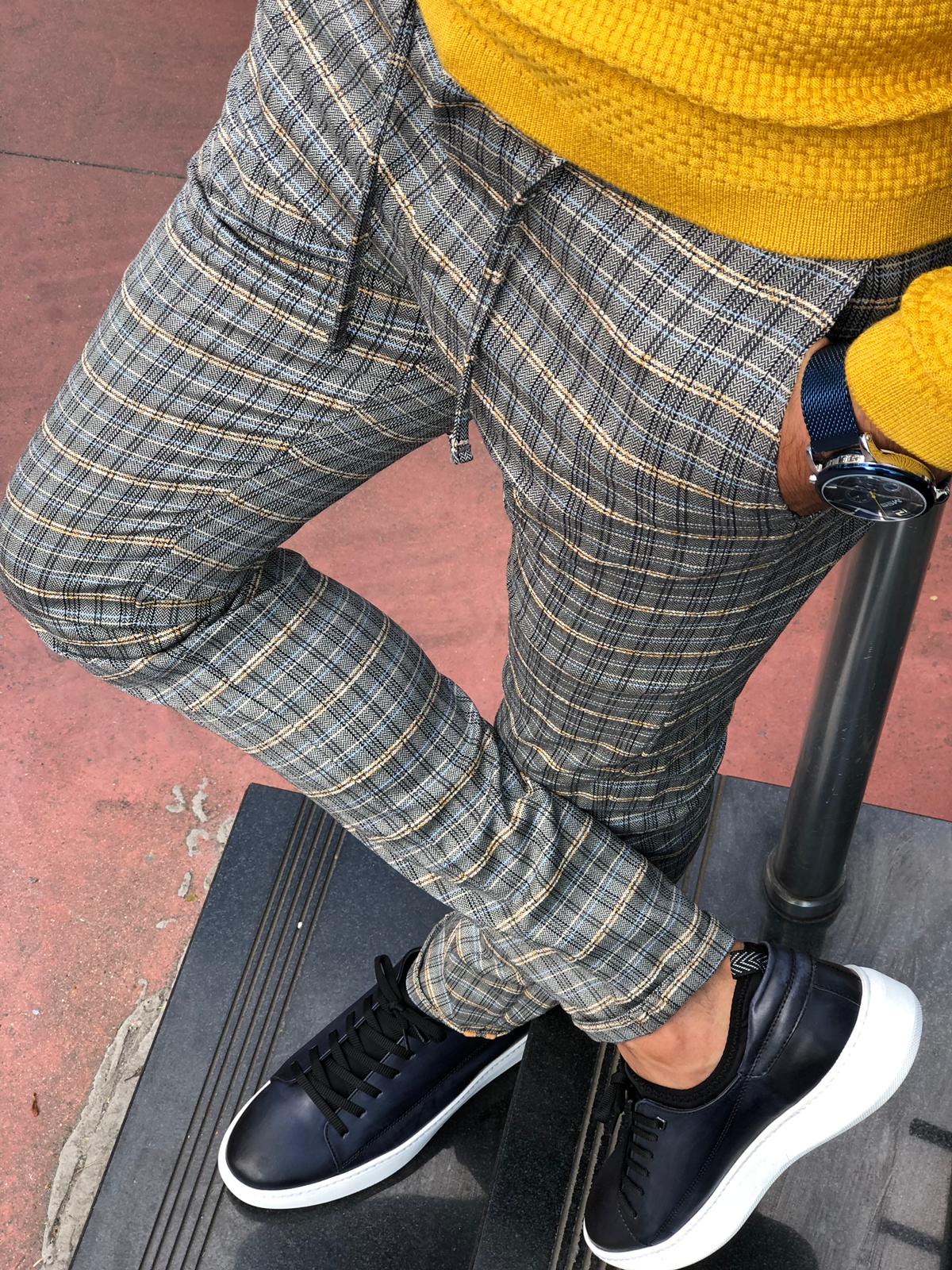 Cris Slim-fit Plaid Pants Grey & Mustard-baagr.myshopify.com-Pants-BOJONI
