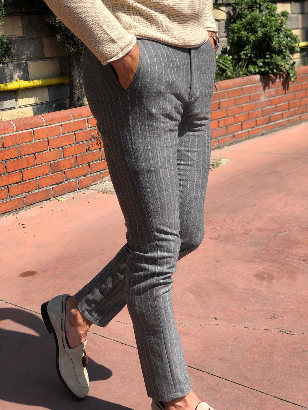 Slim-fit Striped Pants Grey-baagr.myshopify.com-Pants-BOJONI