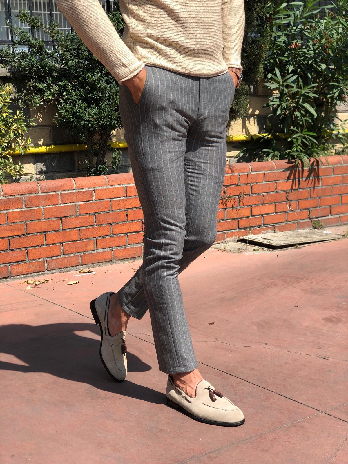 Slim-fit Striped Pants Grey-baagr.myshopify.com-Pants-BOJONI
