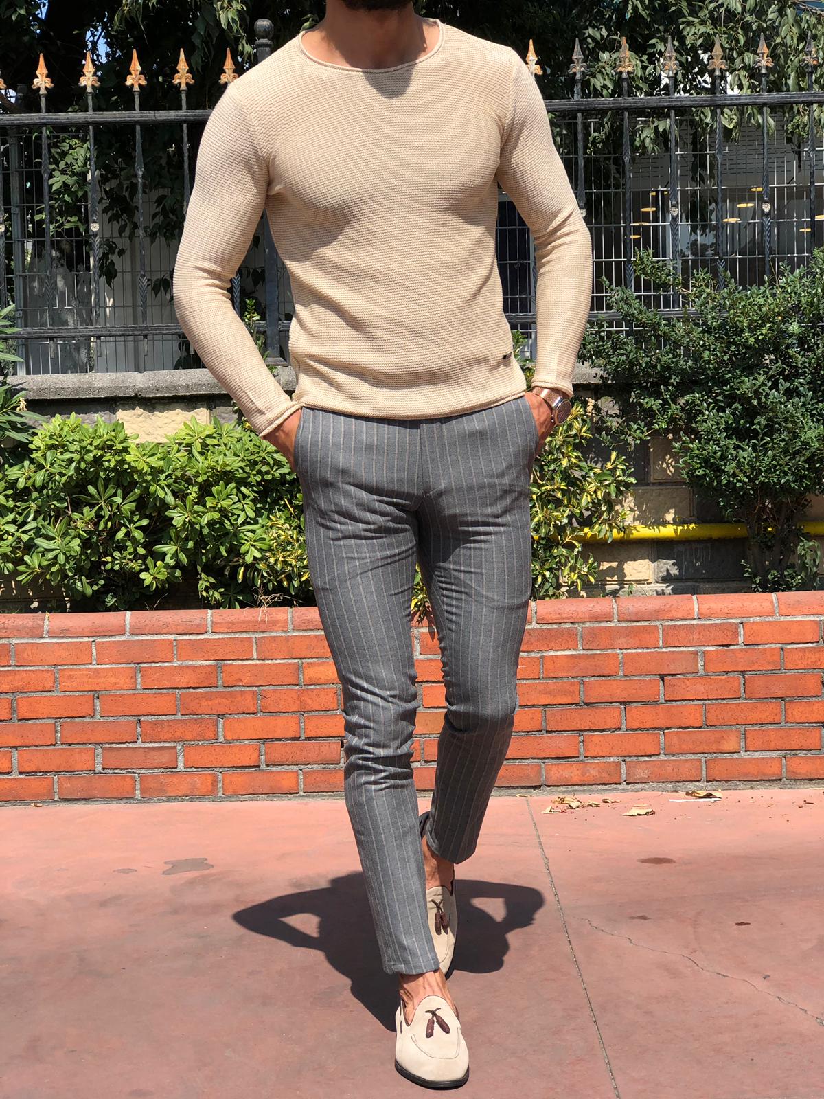 Slim-fit Striped Pants Grey-baagr.myshopify.com-Pants-BOJONI