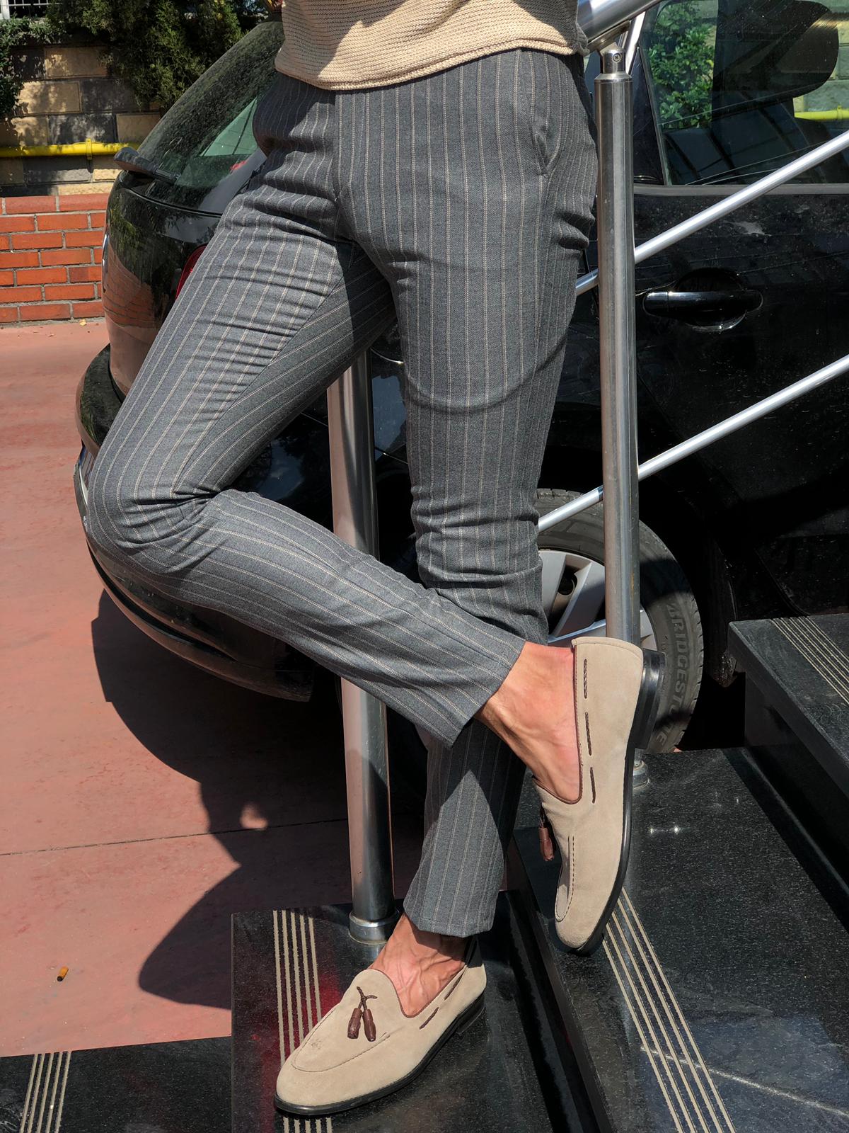 Slim-fit Striped Pants Grey-baagr.myshopify.com-Pants-BOJONI