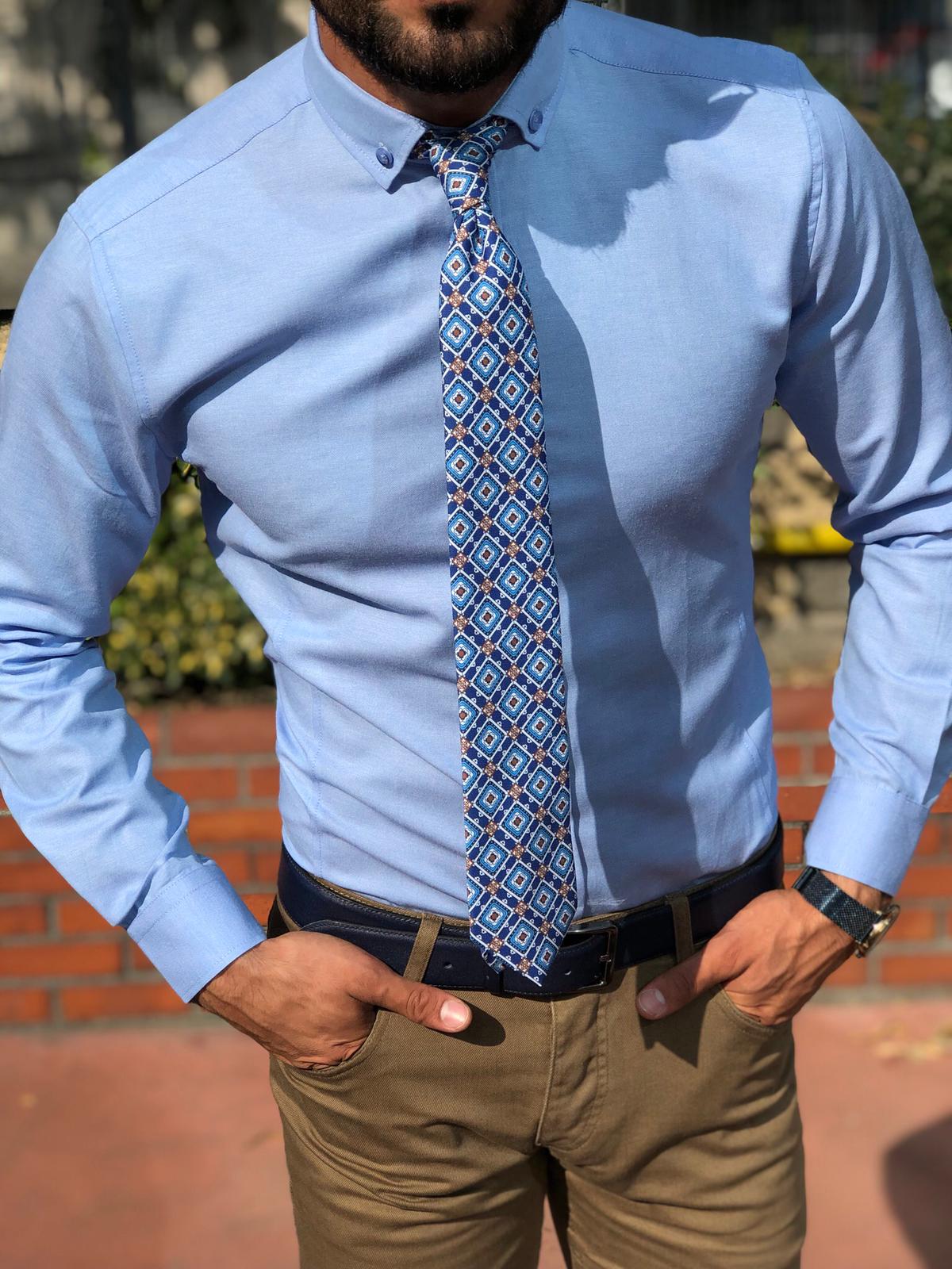 Slim-Fit Button Collar Shirt Blue-baagr.myshopify.com-Shirt-BOJONI