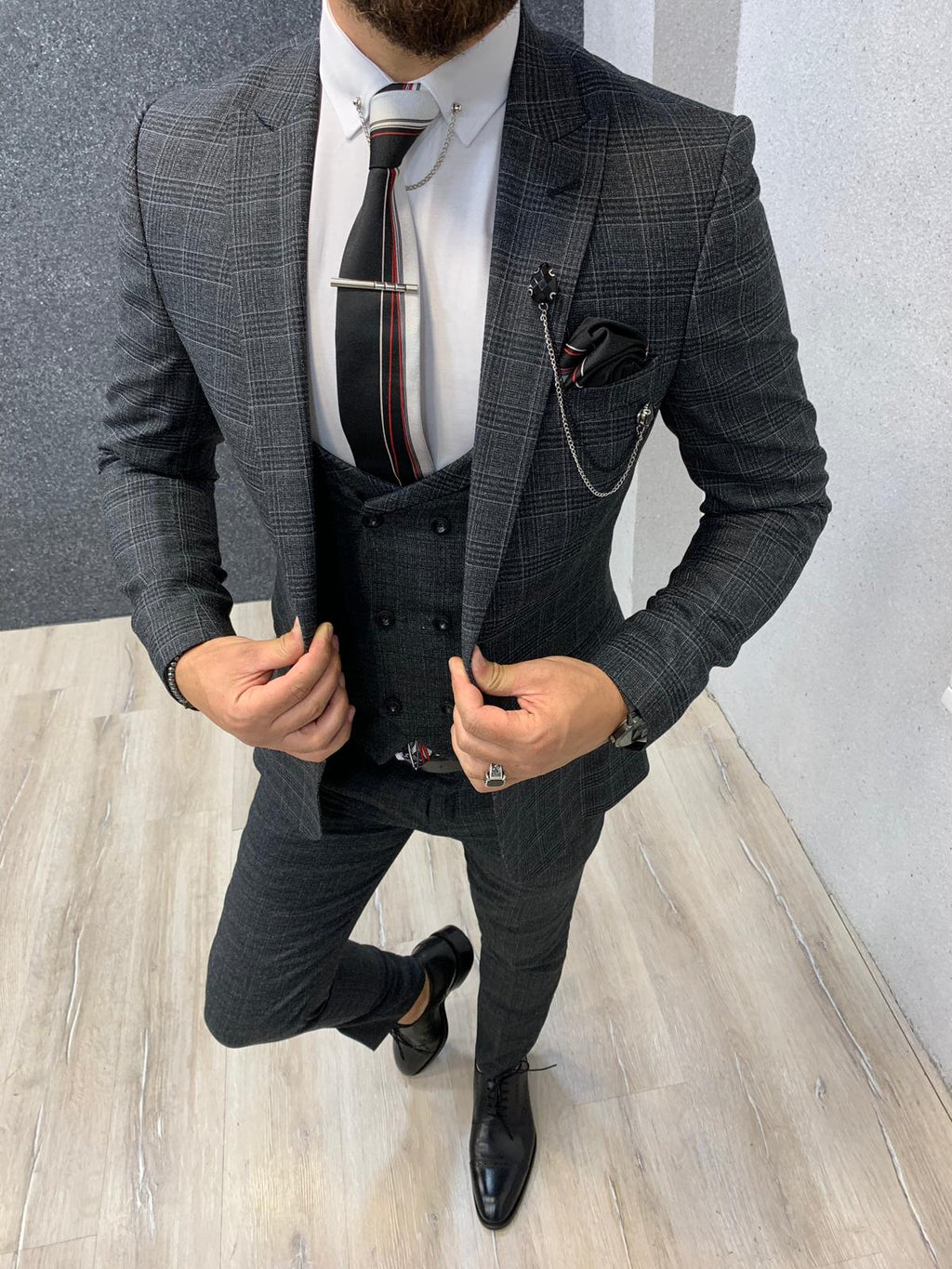 Louis Slim Fit Plaid Suit Dark Gray-baagr.myshopify.com-1-BOJONI