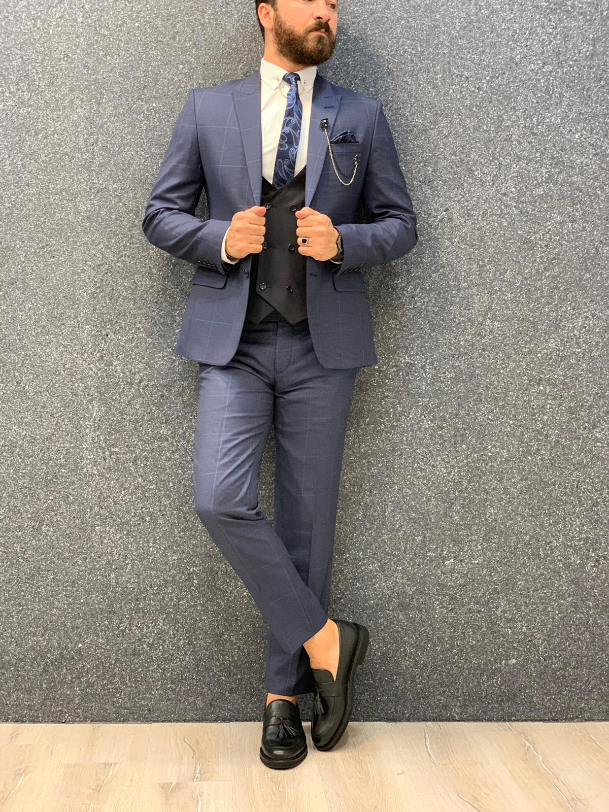 Kinda  Slim Fit Plaid Suit Navy-baagr.myshopify.com-1-BOJONI