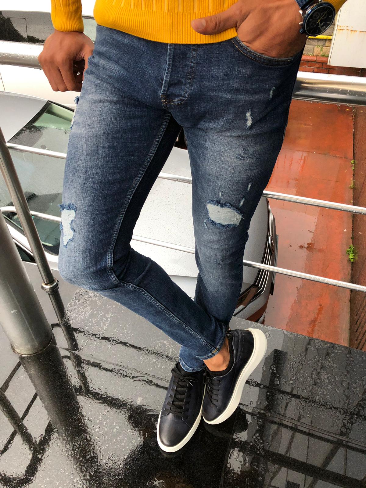 Major Slim-Fit Ripped Jeans Navy Blue-baagr.myshopify.com-Pants-BOJONI