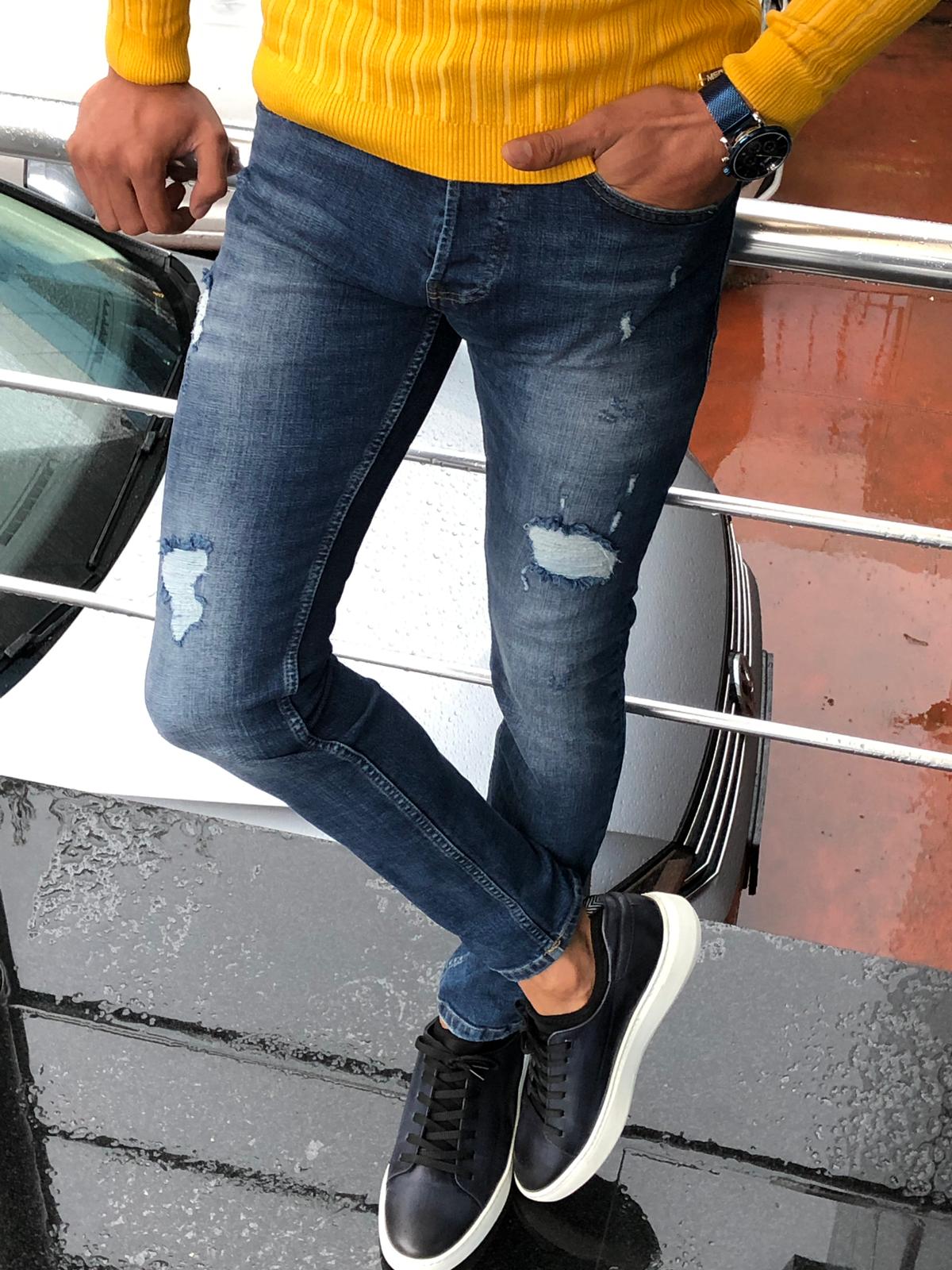 Major Slim-Fit Ripped Jeans Navy Blue-baagr.myshopify.com-Pants-BOJONI