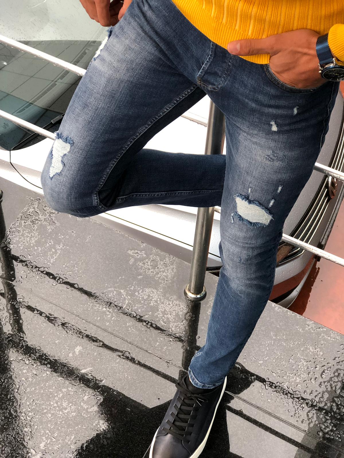 Major Slim-Fit Ripped Jeans Navy Blue-baagr.myshopify.com-Pants-BOJONI