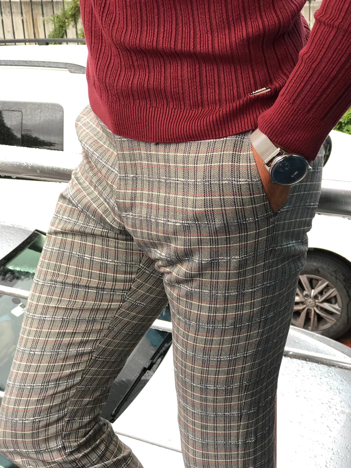 Major Slim-Fit Plaid Pants Gray-baagr.myshopify.com-Pants-BOJONI