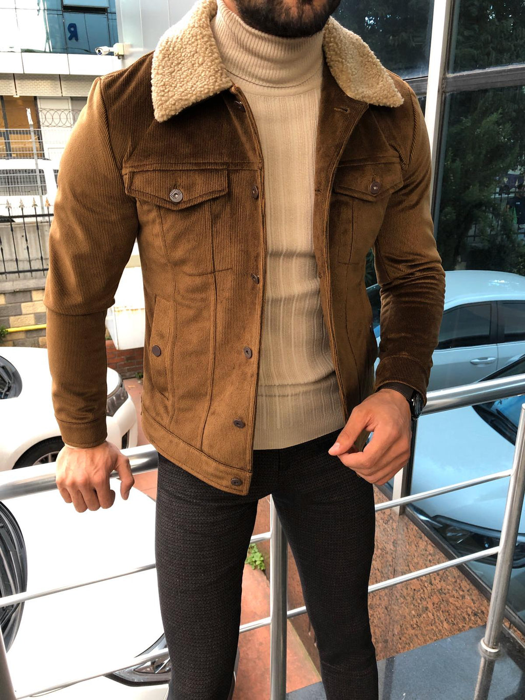 Calvin Slim-Fit Velvet Striped Coats Brown-baagr.myshopify.com-Jacket-BOJONI