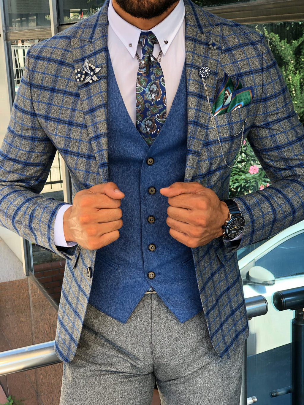 Slim-Fit Plaid Suit Vest Sax-baagr.myshopify.com-suit-BOJONI