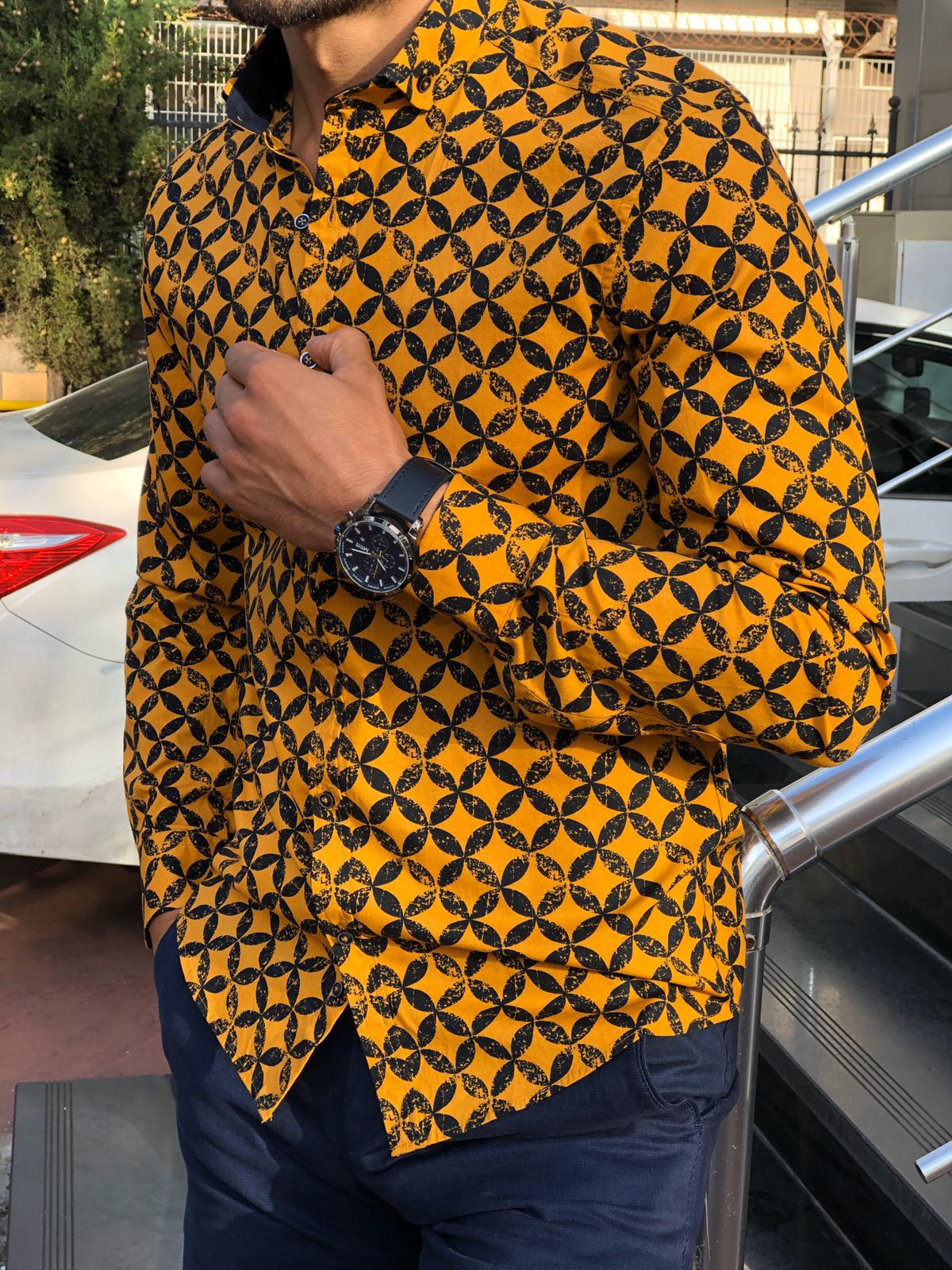 Bumb Slim-Fit Patterned Shirt Yellow-baagr.myshopify.com-Shirt-BOJONI